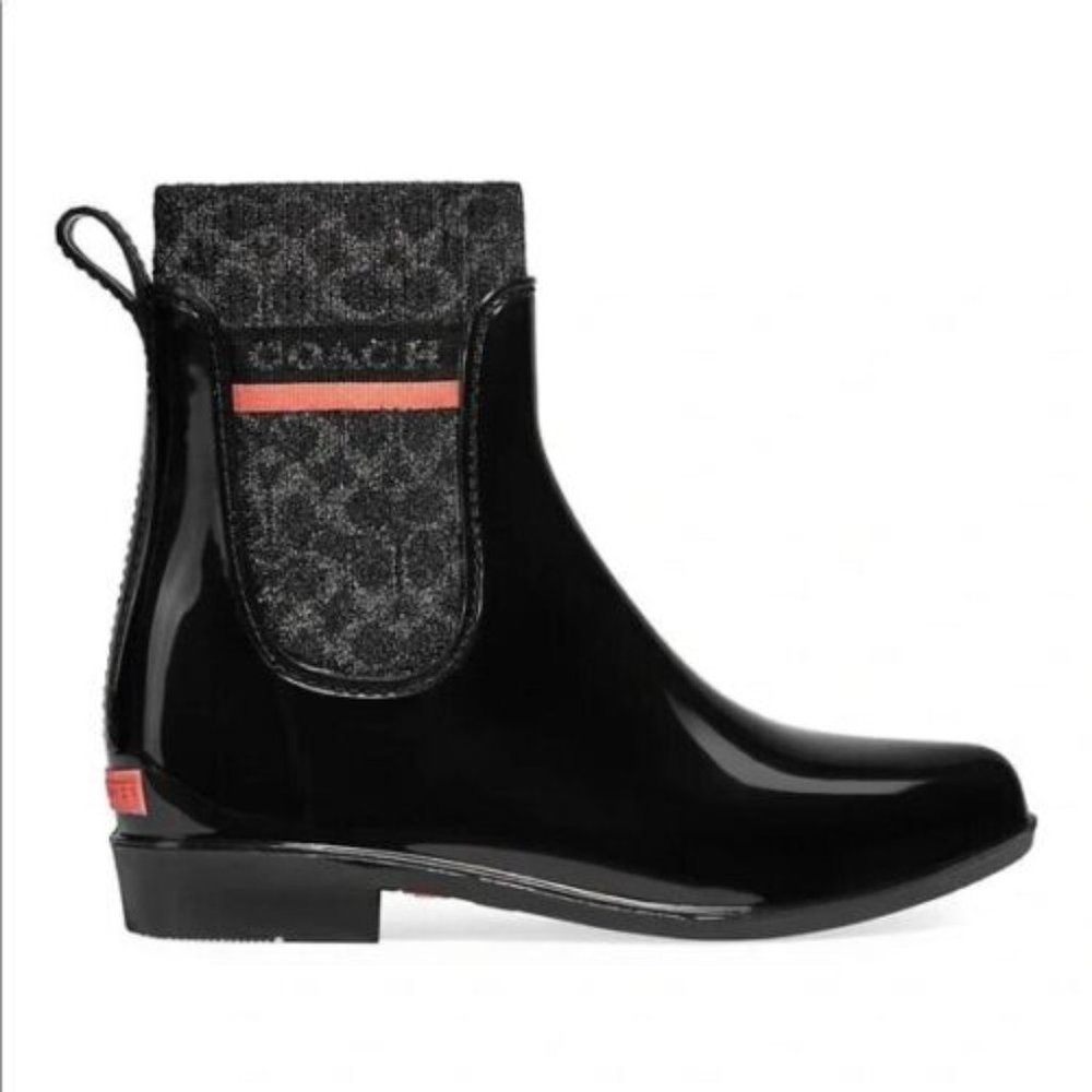 Coach Black Patent Chelsea Rain Boots with Signature Logo Knit and Red Trim - Picture 5 of 5